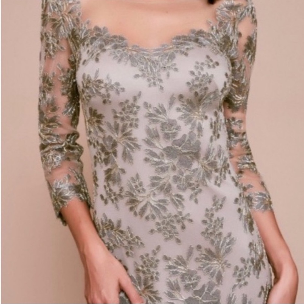 Tadashi Shoji Gown Floral Applique Maxi Dress Illusion Neckline Size 16. NWT